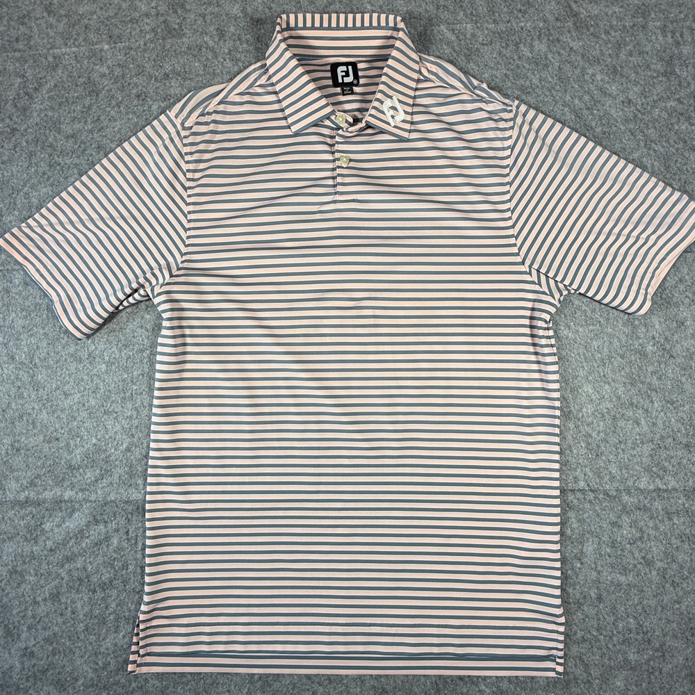 FootJoy Striped Golf Polo Mens Medium Pink Grey Lisle Short Sleeve Performance